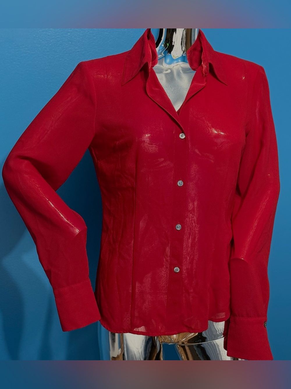 New York & Company Sheer Vibrant Red Button-Down Shirt Women’s S